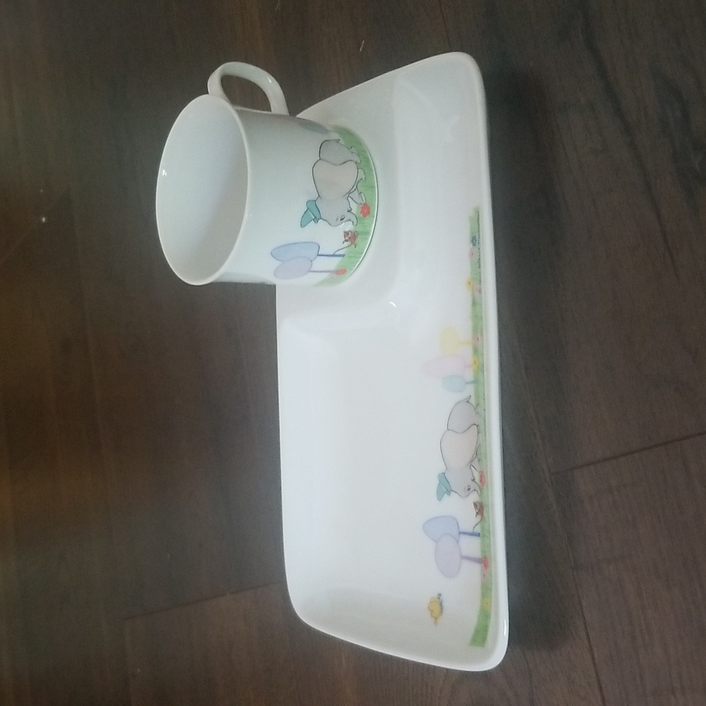 Vintage Disney porcelain plate and cup, elephant, mouse flowers trees Japan